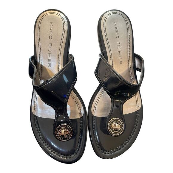 Marc Fisher Black Sandals with Metallic Medallion - Picture 1 of 7